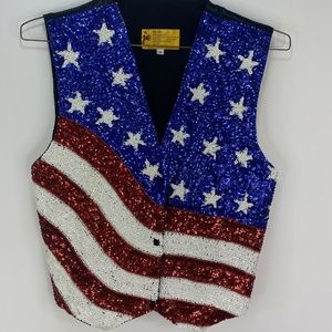 JC Vintage USA Patriotic Stars Stripes Flag Sequined sequin Vest 4th July Sz M